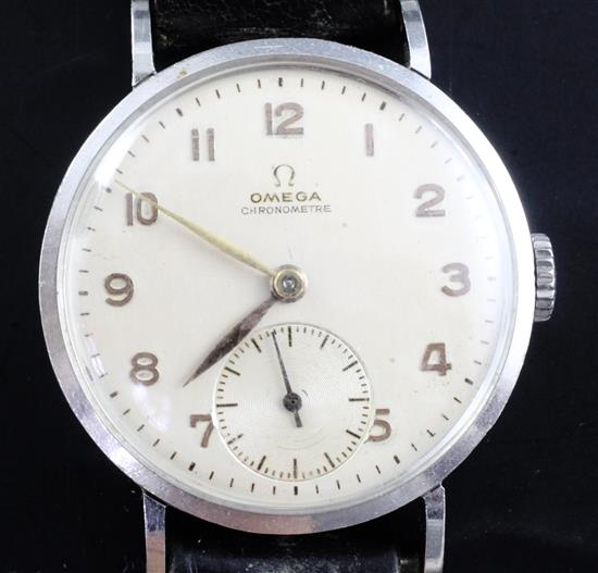 A gentlemans 1940s stainless steel Omega chronometer manual wind wrist watch,